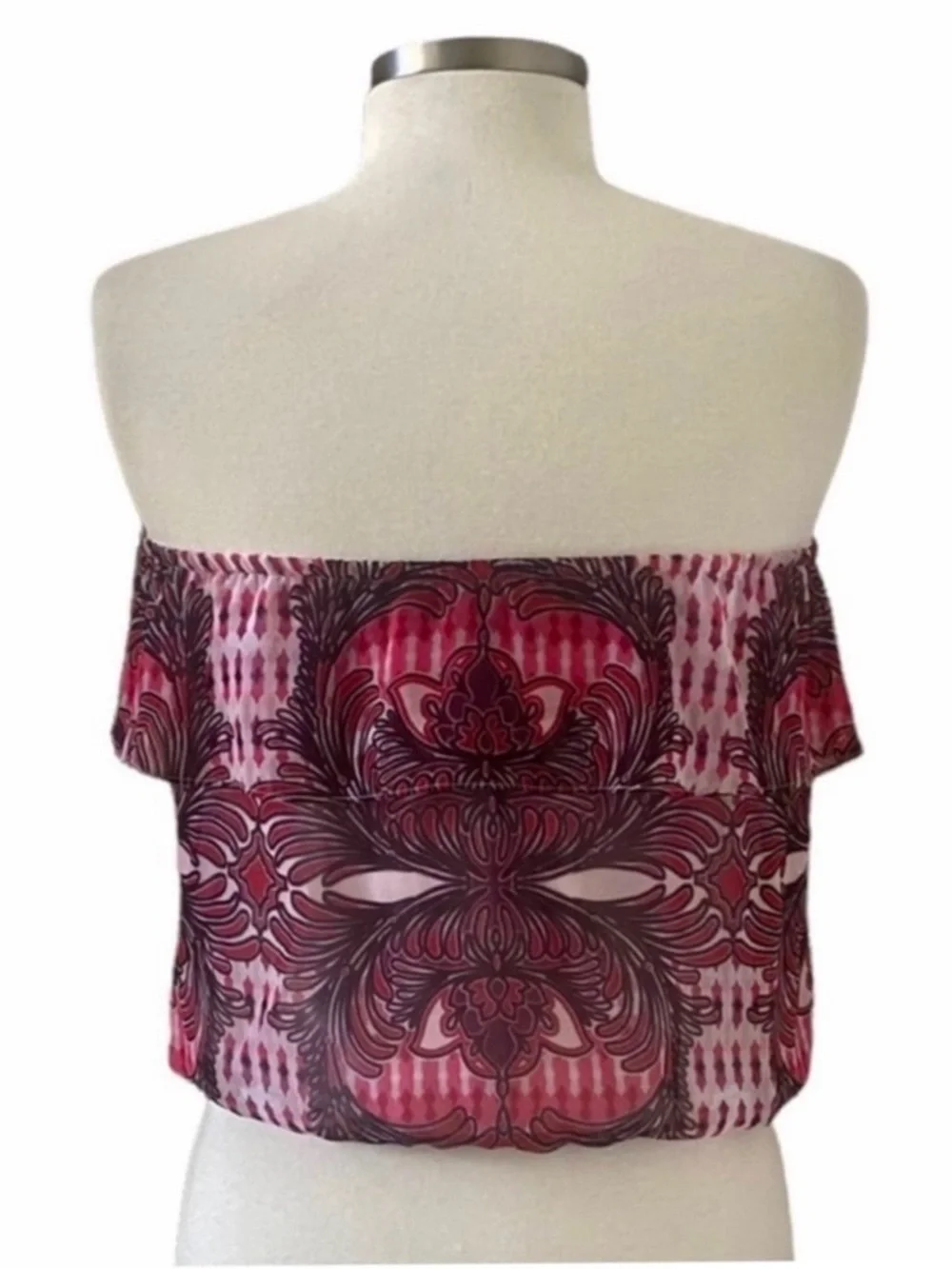 NEW Bebe Pink and Black Bohemian Print Strapless Ruffle Top Size Small - Picture 6 of 6